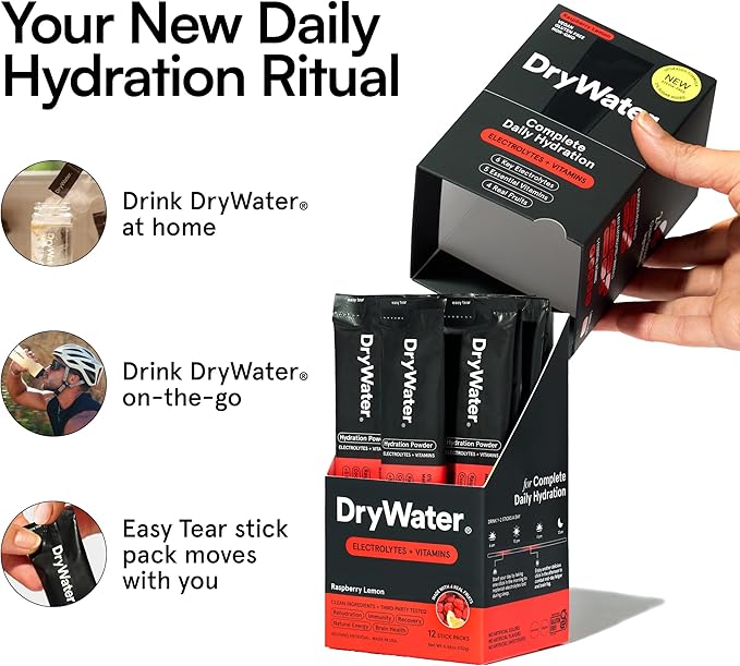 DryWater Electrolyte Powder Packets, Raspberry Lemon - Stevia-Free Hydration Packets Drink Mix with Zero Added Sugar for Rehydration & Energy - 6 Key Electrolytes, 5 Vitamins & 5 Real Fruits - 12 Pack