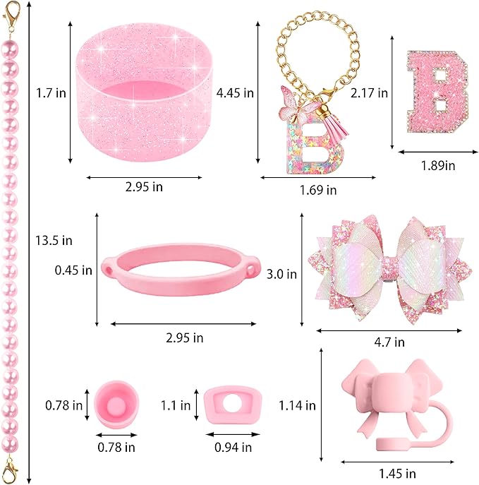 9PCS Pink for Stanley Cup Accessories Set Bling Initials Bow Charms for Stanley Decorations 30/40 Oz Tumbler Accessories Including Bow Straw Topper, Handle Strap, Spill Stopper（Letter B）
