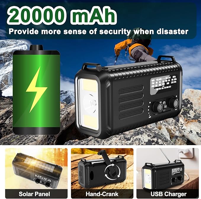Emergency Hand Crank Weather Radio, Portable Solar Survival Radio with NOAA/AM/FM, 72000mWh/20000mAh Rechargeable Battery, Flashlight Reading Lamp, SOS Alarm Survival Kit for Hurricane,Power Outages