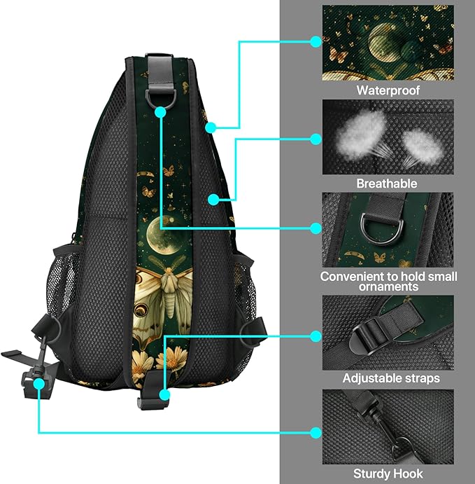 FyLybois Moth Sling Bag for Women Lightweight Crossbody Backpack Casual Daypack with Adjustable Strap for Travel Work Hiking Everyday Use