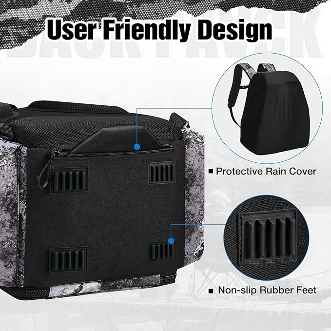 Piscifun Fishing Tackle Backpack with Rod Holders & 4 Tackle Boxes, 42L Outdoor Fishing Bag with Waterproof Rain Cover