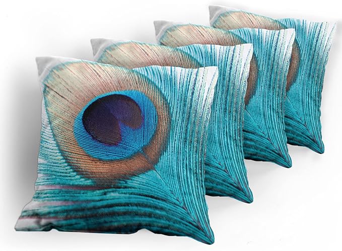 Ambesonne Feather Throw Pillow Cushion Case Pack of 4, Close up Pattern of Peacock Fluff in Vibrant Tones Natural Wildlife Theme Print, Modern Accent Double-Sided Digital Printing, 24", Aqua Cream