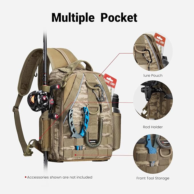 Piscifun Fishing Backpack with Rod Holder, Lightweight Sling Bag Storge Gear and Equipment