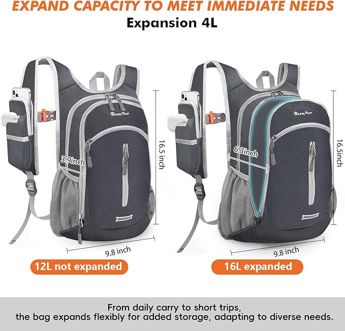 Seektop Small Hiking Backpack Expandable 12L-15L, Lightweight Packable Waterproof Daypack with Phone Pocket for Women Men