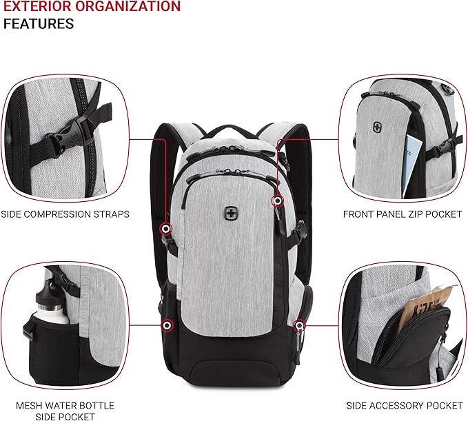 SwissGear 3598 Backpack, Narrow Daypack, Ideal for Commuting and School, Light Grey/Heather