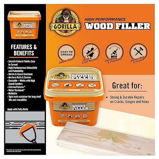Gorilla All Purpose Wood Filler, Natural Finish, 16 Ounce Tub (Pack of 1) - Water Resistant for Indoor or Outdoor Projects and Repairs