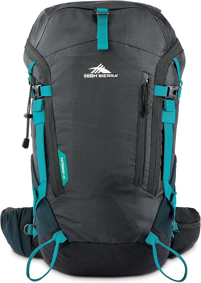 High Sierra Pathway 2.0 Backpack with Hydration Storage Sleeve, for Hiking, Biking, Camping, Traveling, Black, 45L
