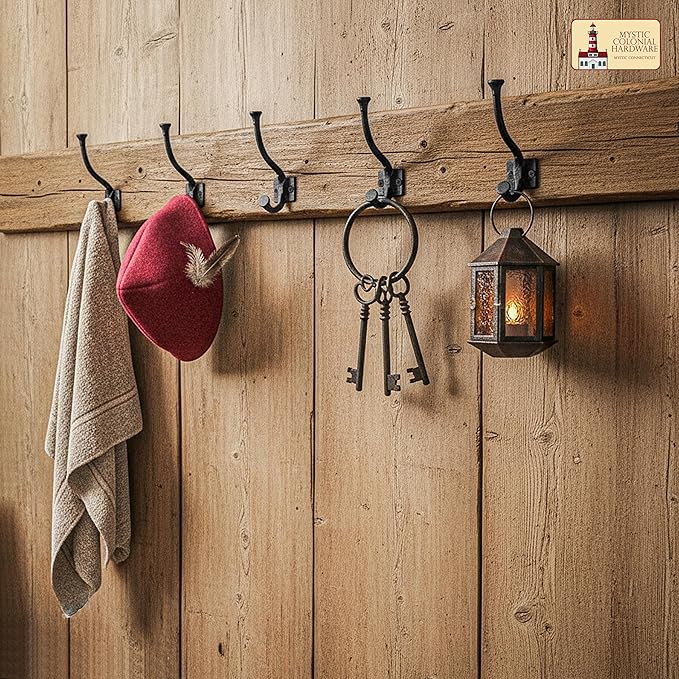 Mystic Colonial Medieval Rustic Cast Iron Wall Hooks (4 in x 3 in) Vintage Black Coated Double Coat & Hat Hook Hangers | Heavy-Duty Farmhouse, Gothic & Modern Decor - Pack of 10