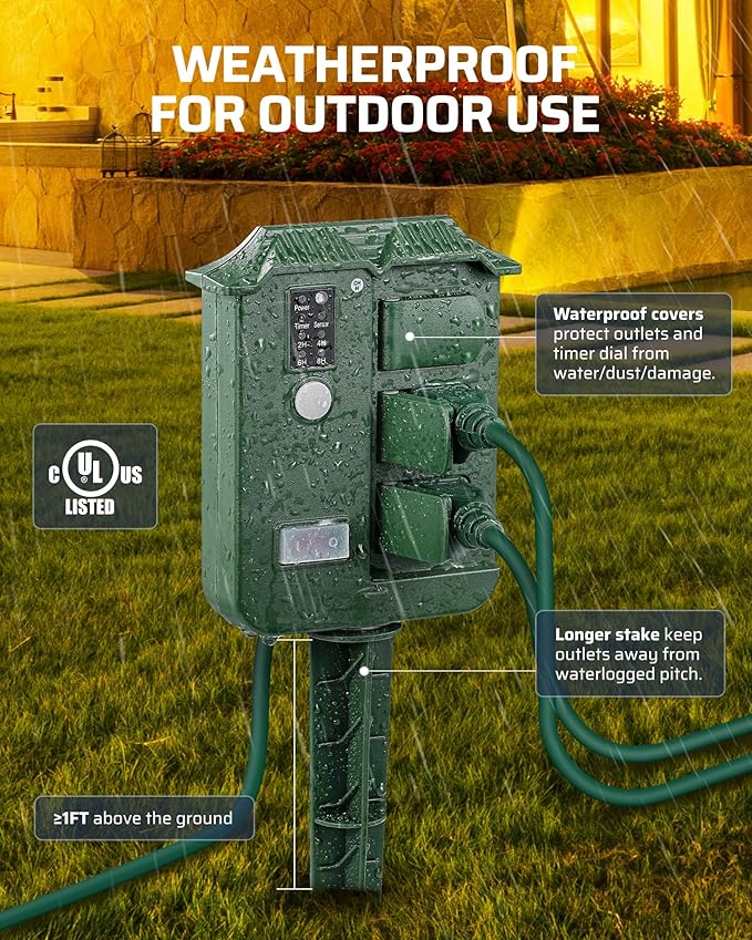 DEWENWILS Outdoor Power Stake Timer, Waterproof Outdoor Timer with 25FT Extension Cord, 100FT Range Remote Control, Photocell Dusk to Dawn Outlet for Lights, Yard, Garden, UL Listed
