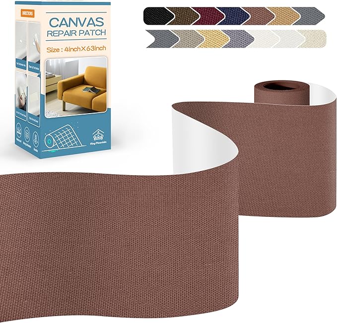 KING MOUNTAIN Canvas Repair Tape,Outdoor Gear Patch, 4×63 Inches,Waterproof,Self-Adhesive for Repairing Boat Covers,Sun Shades,Sofas,Tents,Lounge Chairs,Awnings (Brown)