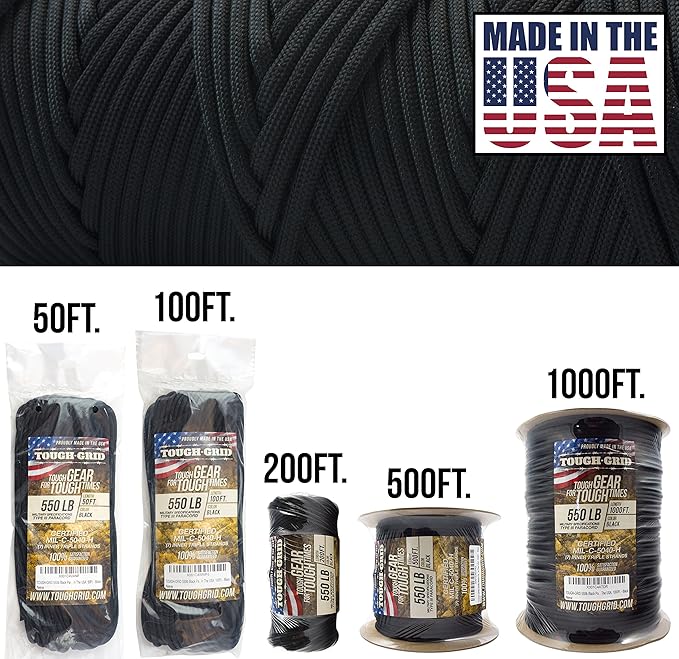 TOUGH-GRID 550 Paracord, Type III Mil-Spec Nylon Rope - 100 Ft Black Tactical Survival Cord