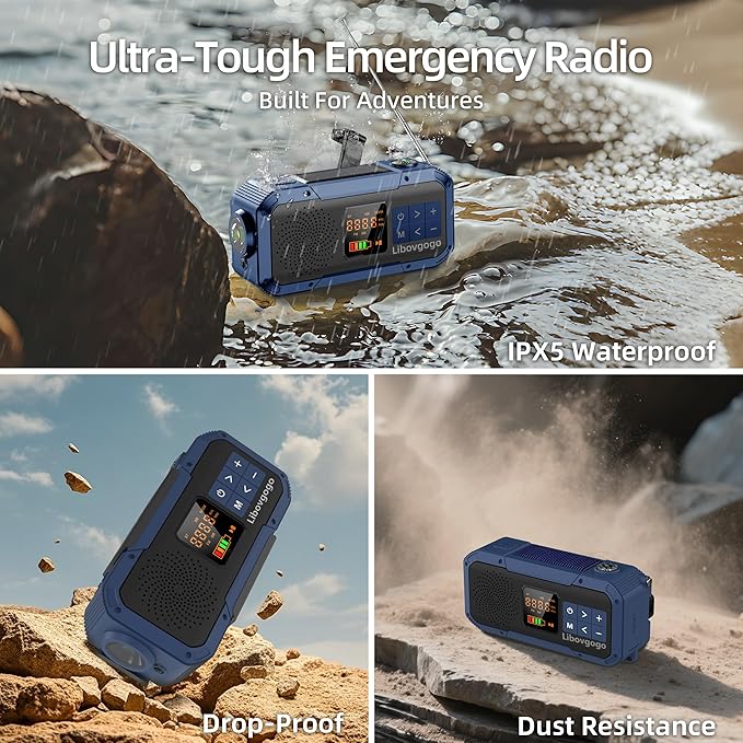 Emergency Weather Radio with IPX5 Waterproof Portable Bluetooth Speaker,USB-C Solar Hand Crank,NOAA Alarm AM FM Radio,Flashlight,SOS Alarm,2000mAh Cell Phone Charger for Camping and Survival (Blue)
