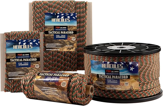 HERCULES 750lb Paracord 4mm 11 Strands Tactical Parachute Cord, 50' 100' 250' 1000' Utility Rope for Camping, Survival, Outdoor Gear (Camouflage, 100FT)
