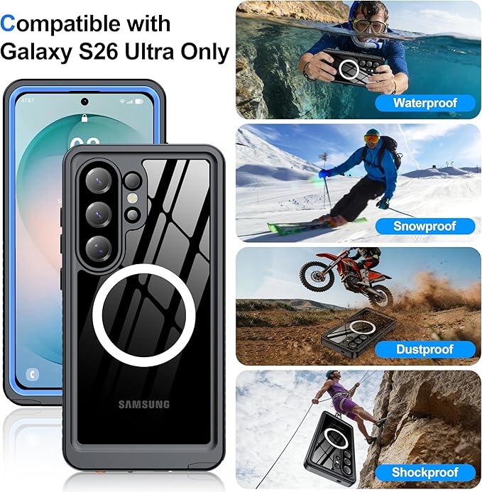ANTSHARE IP68 Waterproof Case for Samsung Galaxy S26 Ultra [2026] - MagSafe Compatible, Built-in Screen/Lens Protector - Shockproof Full Body Protection for Swimming/Outdoor, Blue/Clear