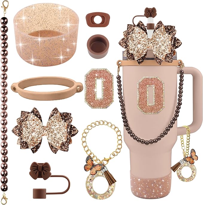 9PCS Brown for Stanley Cup Accessories Set Bling Initials Bow Charms for Stanley Decorations 30/40 Oz Tumbler Accessories Including Bow Straw Topper, Handle Strap, Spill Stopper（Letter O）