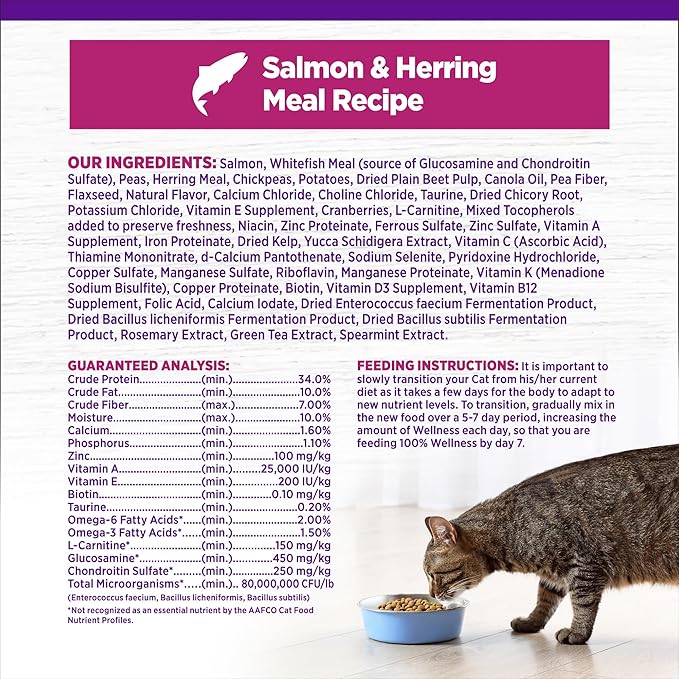 Wellness Complete Health Adult Dry Cat Food for Indoor Cats, Natural, Grain Free Kibble, Salmon and Herring Meal Recipe, 11.5 lb Bag