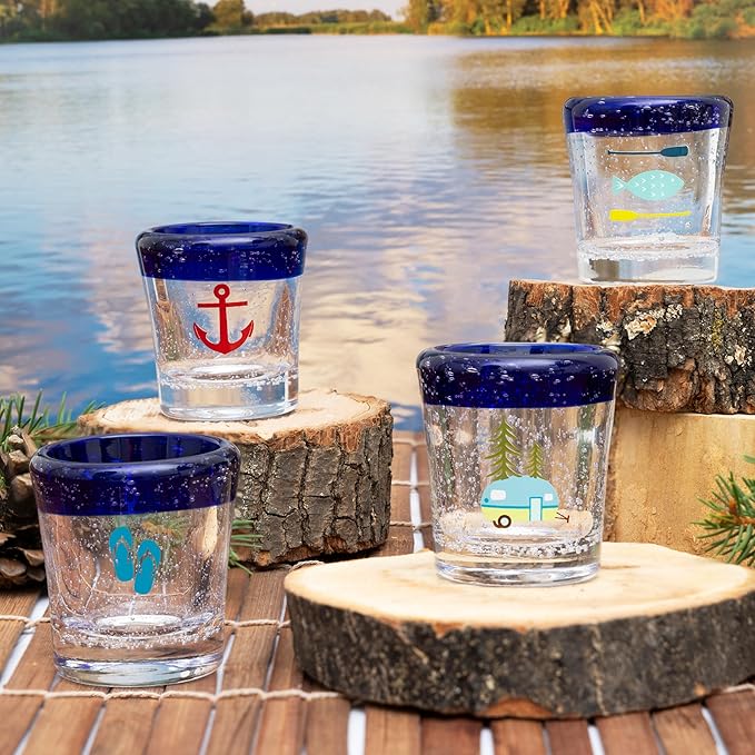 Pavilion Gift Company - Oars & Fish - 2.5oz Shot Glass River Cabin Outdoors Bubble Shot Glass Kitchen Drinkware Glassware