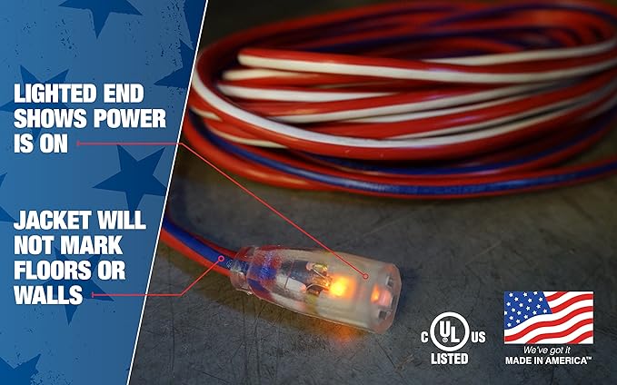 Southwire Extension Cord - Built for Outdoor & Indoor Power Use with Contractor-Grade Durability - Heavy-Duty SJTW Jacket - UL Certified - 12/3 SJTW - Red/White/Blue - 100 Foot