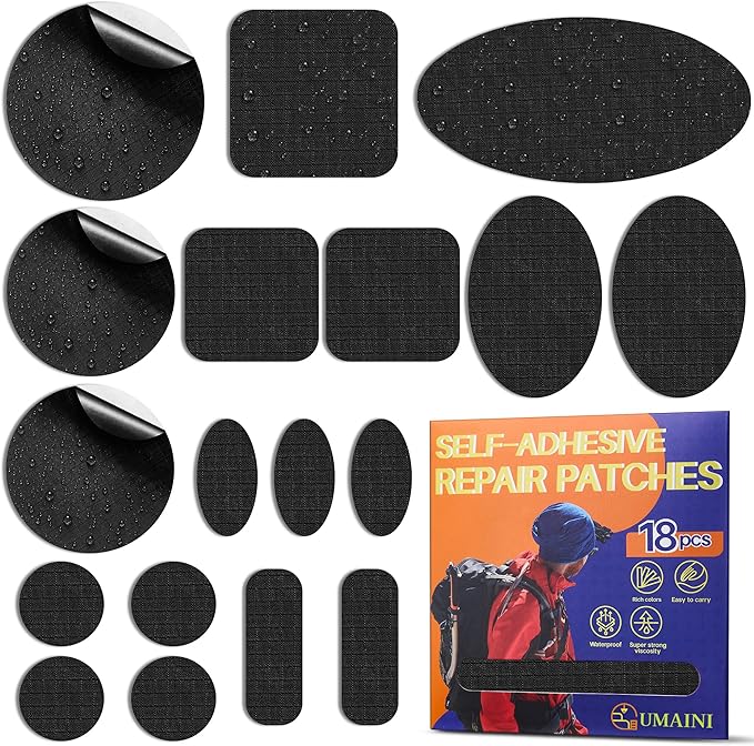 Down Jacket Repair Patch Kit, Outdoor Gear Tenacious Repair Tape, Self Adhesive Fabric Patches for Clothes, Waterproof Ripstop Nylon Fabric Patch for Puffer Jacket, Coat, Tent (18 Pcs, Black)