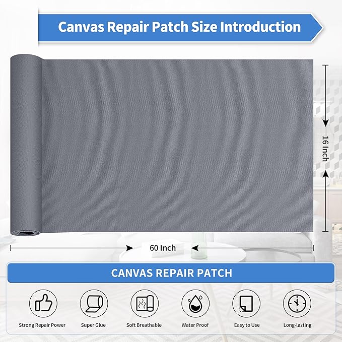 KING MOUNTAIN Canvas Repair Patch 16×60 Inch Self-Adhesive Waterproof Fabric Patch for Sofas, Tents, Furniture,Tote Bags, Car Seats (Grey-1)