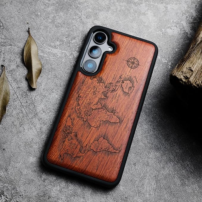 Carveit Wood Case for Galaxy S24 Plus Case [Natural Wood & Black Soft TPU] Shockproof Protective Cover Unique Wooden Design Compatible with S24 Plus (Compass Maps-Rosy)