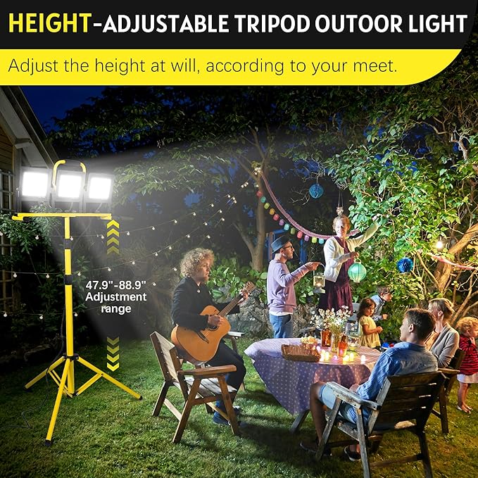 21000 LM LED Work Light with Stand, 3-Head Adjustable Portable Tripod Light with Individual Switches, IP66 Waterproof, 16.4FT Cord for Garage Workshop Job Site Construction Indoor Outdoor Lighting