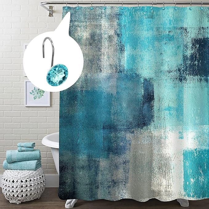 MitoVilla Teal Blue Shower Curtain Hooks Rings, Metal Shower Hooks for Turquoise Shower Curtain & Liner, Aqua Rust Proof Shower Rings for Curtain and Shower Rod, 12 Pack Bathroom Set