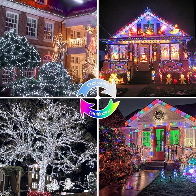 Cool White and Multicolor Color Changing Solar String Lights for Outside, 2 Pack 400LED Solar Fairy Lights Outdoor, Waterproof Copper Wire with 8 Modes Solar Twinkle Lights for Tree Garden Xmas Decor