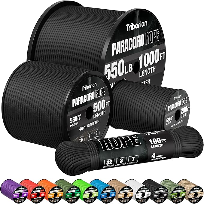 Paracord Rope 550 lb - 200ft 5/32" Parachute Cord 4MM 7-Strand para Cord - Heavy Duty Spool String for Survival,Camping Gear, Survival Bracelet, Clothesline - Black