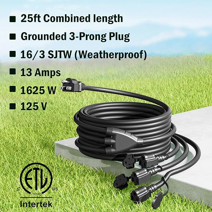 Eversimpleinc Black 1 to 3 Splitter Extension Cord (Combined 25 FT, End to End 13 FT), 3 Prong Plug with 3 Extended Outlets, with Weatherproof Covers for Indoor and Outdoor,16AWG/3C SJTW, ETL Listed