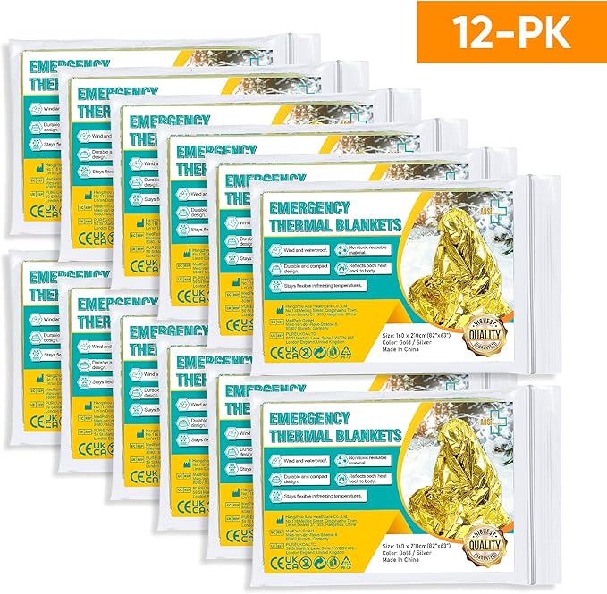 General Medi Emergency Blanket (12-Pack), Emergency Gold Foil Blanket– Perfect for Outdoors, Hiking, Survival, Marathons or First Aid