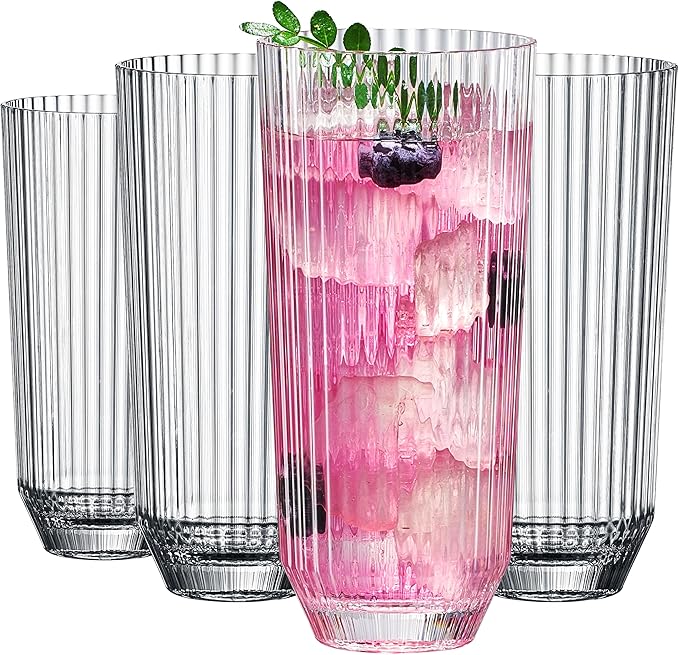 Khen Plastic Acrylic Ribbed Drinking Glasses – Set of 4 Clear 11.8oz Tritan Tumblers, European Style Shatterproof Drinkware – Durable, BPA-Free, Dishwasher Safe, Stackable & Unbreakable Plastic Cups