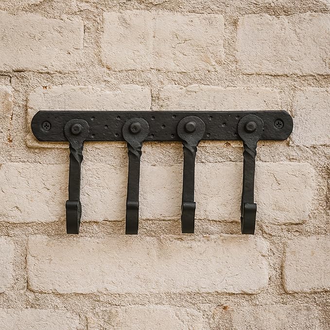 "Mystic Colonial Rustic Cast Iron Wall Mounted Coat Rack with 4 Blackened Hooks � Heavy Duty Vintage Utility Hanger for Entryway, Bathroom, Kitchen, Bag, Hat & Towel � Mounting Hardware Included"