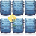 KMIGRUAN Hobnail Drinking Glasses Set of 6,12oz Blue Vintage Glassware,Cocktail Glasses,Embossed Glass Cups,Water Tumbler for Whiskey, Juice and Various Mixed Drinks