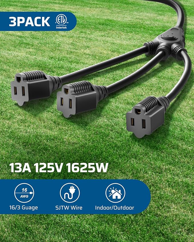 DEWENWILS Extension Cord Splitter 1 to 3, 18 Inch 16/3 Heavy Duty SJTW Wire, 3 Prong Power Splitter for Halloween Decor Lights, ETL Listed, Black, Pack of 3