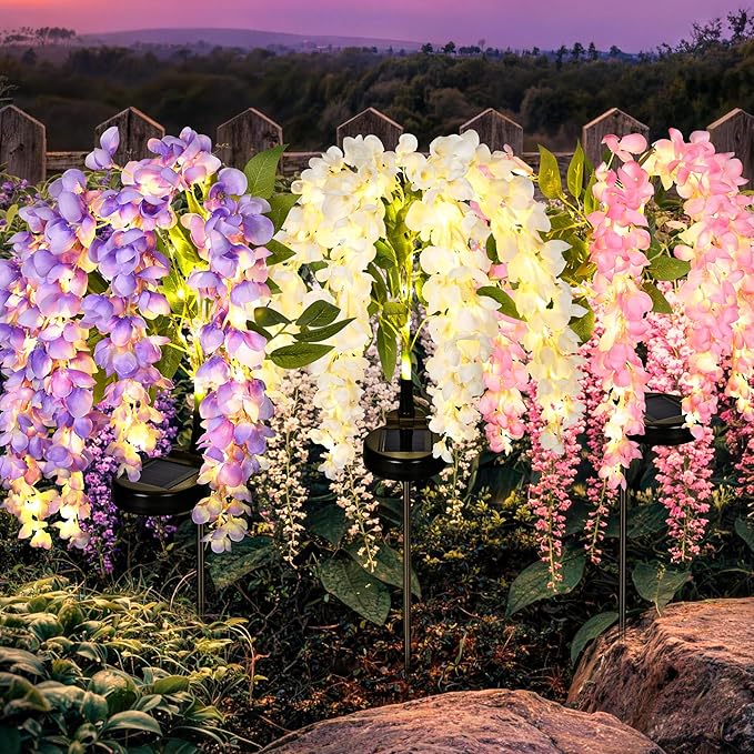 GIGALUMI Solar Lights Outdoor for Garden Decor, 3 Pack Solar Flower Lights Waterproof, 2 Lighting Modes Wisteria for Pathway,Yard, Patio Decoration, Gardening Gifts for Women (Multi-Colored)