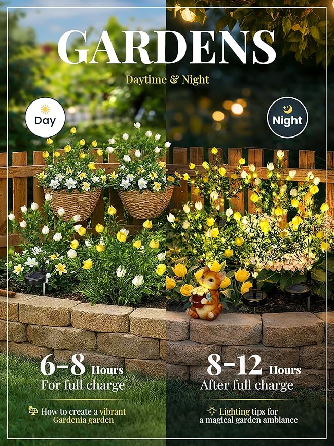 GIGALUMI Solar Garden Lights with Gardenias, 2 Pack LED Garden Decor Carefree Solar Flowers Outdoor Waterproof, Yard Decorations Outdoor, Allergy-Free Light up Flowers for Yard Patio (1white+1yellow)