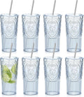 8 Set 20oz Vintage Plastic Tumbler with Lids and Straws Ribbed Floral Drinking Glasses Reusable Iced Coffee Cups for Water Juice Smoothie Cocktail Travel Party Events Gift (Blue)