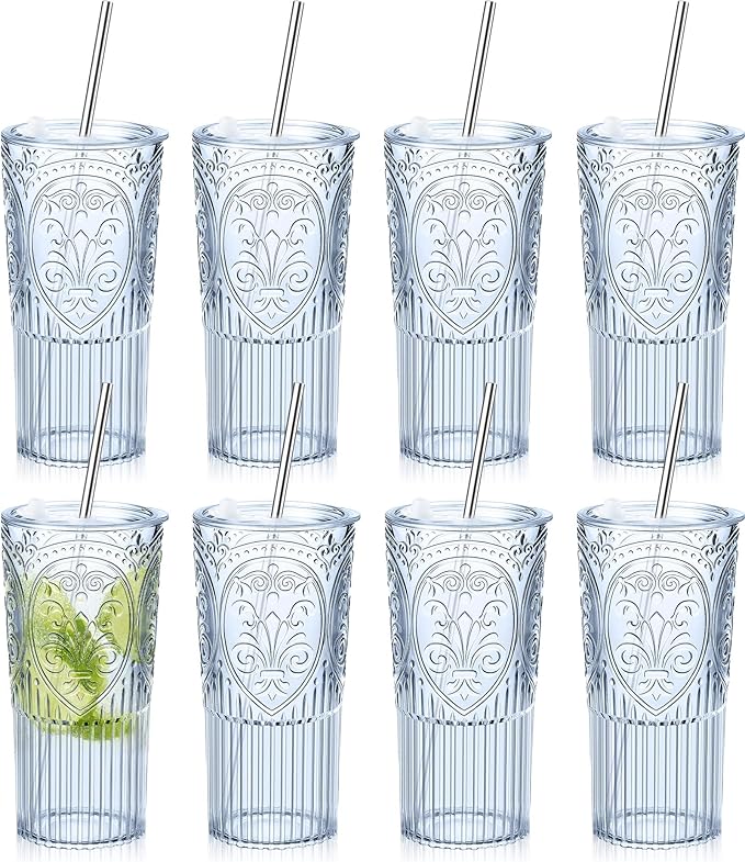 8 Set 20oz Vintage Plastic Tumbler with Lids and Straws Ribbed Floral Drinking Glasses Reusable Iced Coffee Cups for Water Juice Smoothie Cocktail Travel Party Events Gift (Blue)