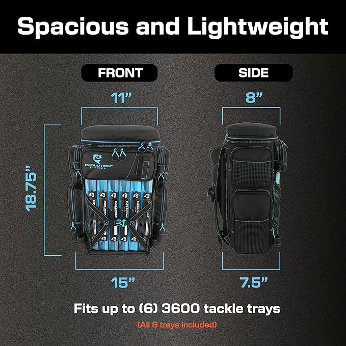 Evolution Fishing Drift Series Tackle Backpack, Outdoor Rucksack w/ 6 Fishing Tackle Trays, Heavy Duty