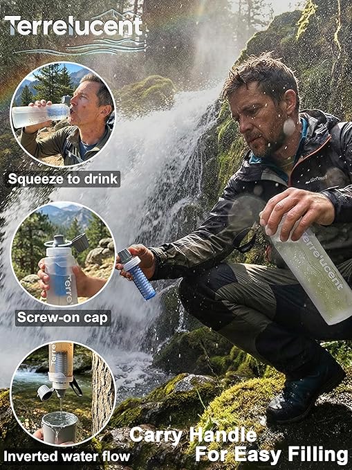 750ML Collapsible Water Bottle with Filter, Squeeze Filtered Water Bottle, BPA-Free, Dual Filtration, Ultralight Water Filter System for Hiking, Camping, Backpacking (White, 25.4 OZ)