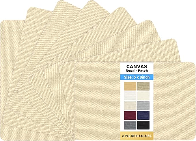 KING MOUNTAIN Canvas Repair Patch 5×8 Inch 8 Pcs Self-Adhesive Waterproof Fabric Patch for Sofas, Tents, Furniture,Tote Bags, Car Seats (Khaki)