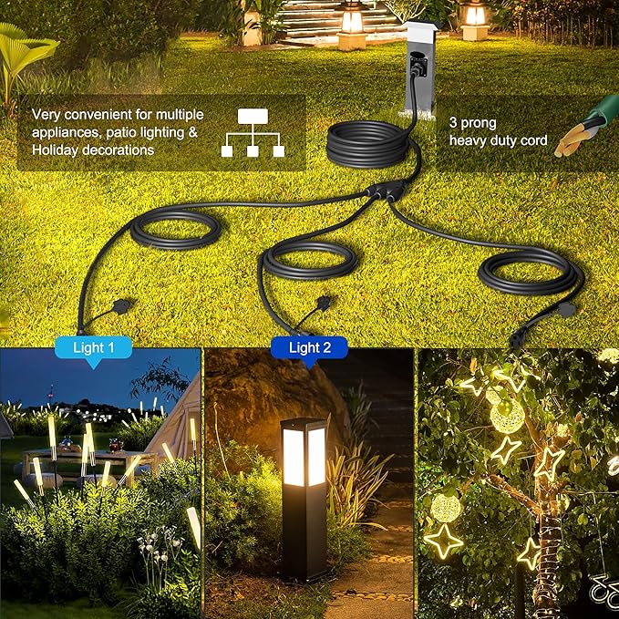 Eversimpleinc Black 1 to 3 Splitter Extension Cord (Combined 25 FT, End to End 13 FT), 3 Prong Plug with 3 Extended Outlets, with Weatherproof Covers for Indoor and Outdoor,16AWG/3C SJTW, ETL Listed