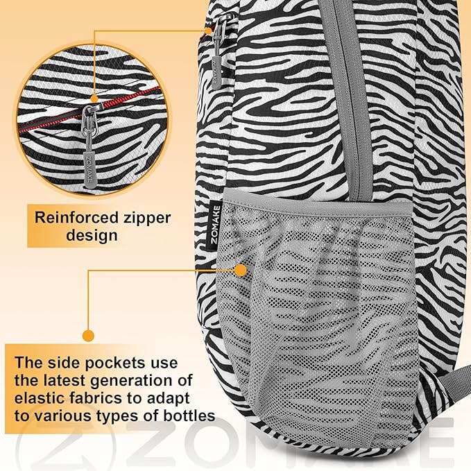ZOMAKE Lightweight Packable Backpack,Foldable Backpacks Small Daypack for Hiking Water Resistant Day Bag for Travel(Zebra print)