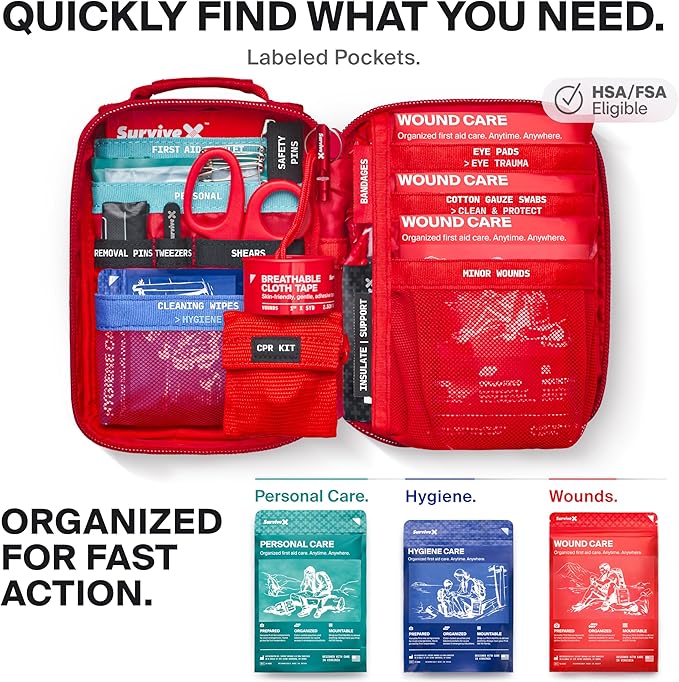 SurviveX Small First Aid Kit for Car, Travel & Home - Emergency Kit for Hiking, Camping, Backpacking and Outdoors - Includes Zip Stitch Wound Closure Strips