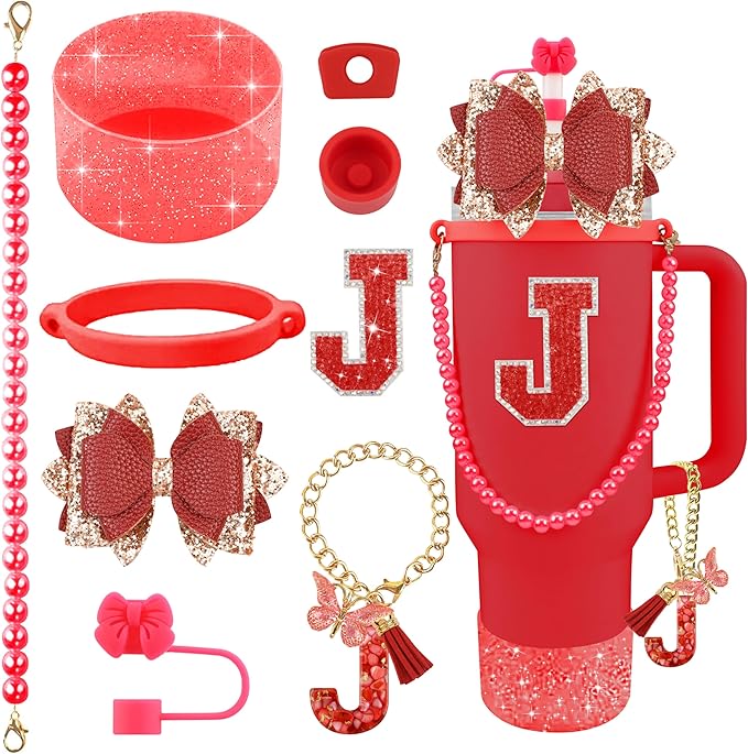 9PCS Red for Stanley Cup Accessories Set Bling Initials Bow Charms for Stanley Decorations 30/40 Oz Tumbler Accessories Including Bow Straw Topper, Handle Strap, Spill Stopper（Letter J）