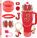 9PCS Red for Stanley Cup Accessories Set Bling Initials Bow Charms for Stanley Decorations 30/40 Oz Tumbler Accessories Including Bow Straw Topper, Handle Strap, Spill Stopper（Letter J）