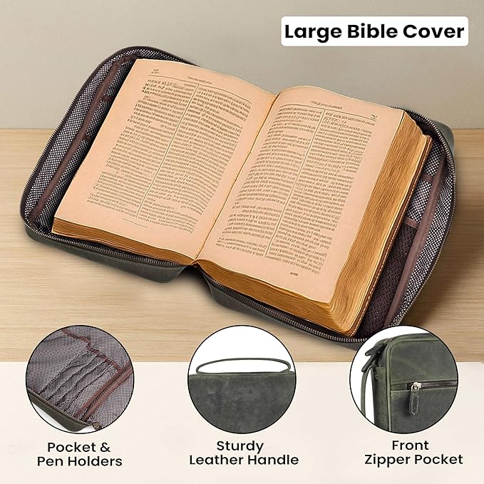 LEATHER VILLAGE Handmade Vintage Leather Bible Cover for Men & Women - Large Protective Bible Case & Organizer for Church, Travel & Study Christian Religious Antique Bookmark - Olive