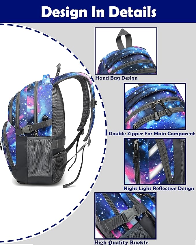 ProEtrade Extra Large Backpack Bookbag for College Laptop Travel, Fit Laptop Up to 17 inch with USB Charging Port Multi Compartment Anti theft, Gift for Women Men (Light Galaxy)