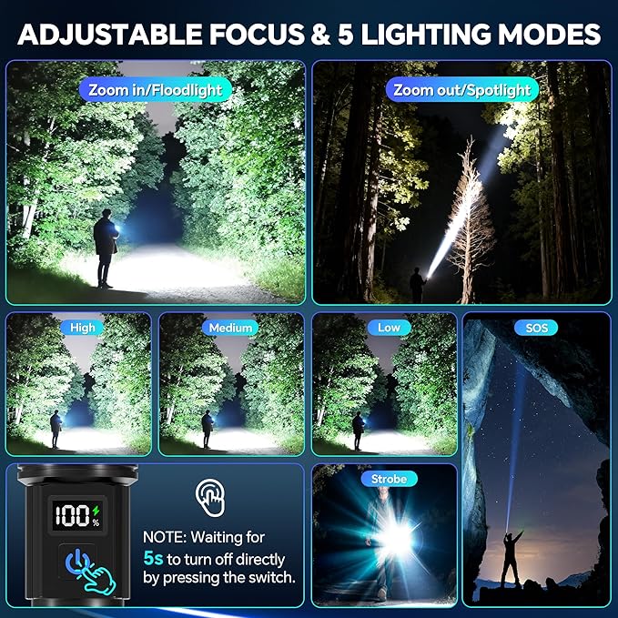 LED Rechargeable Flashlights 9900 High Lumens 2Pack, Super Bright Flashlight, Zoomable Powerful Camping Flashlights with LCD Digital Display, 5 Modes Waterproof Flash Light for Home